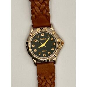 Carriage Gold Silver Women's Watch w/ Brown Leather Braided Band Analog Indiglo